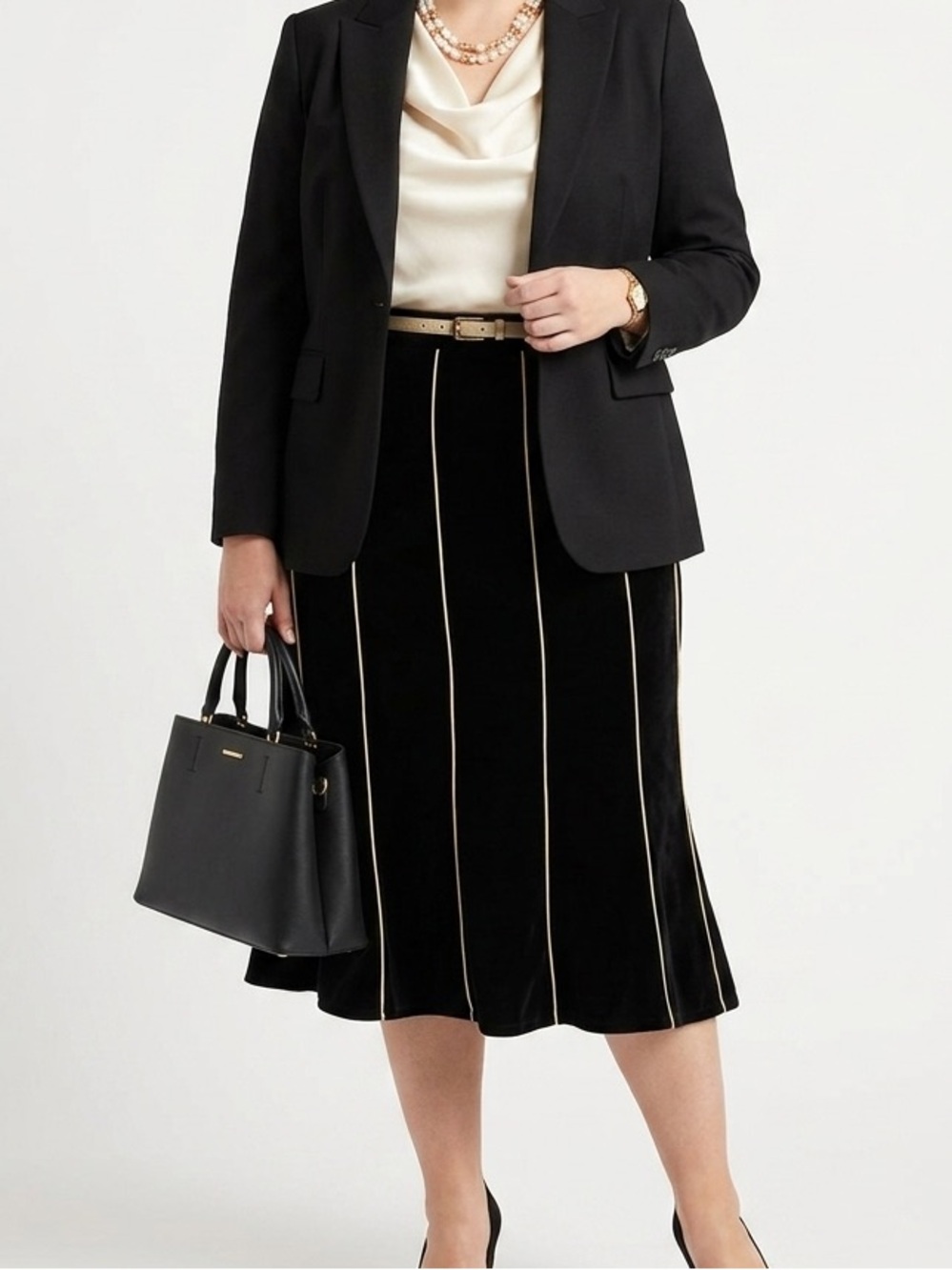 Black Velvet Midi Skirt with yellow Pinstripe Detail - Women's